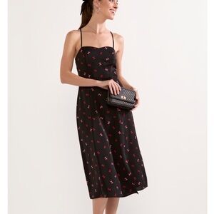 Elegant sweet heart neckline red pink Bow Ditsy back smocked black Midi Dress